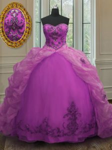 Delicate Fuchsia Ball Gowns Sweetheart Sleeveless Organza With Train Court Train Lace Up Beading and Appliques and Pick 