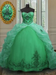 Custom Fit Organza Sleeveless With Train 15 Quinceanera Dress Court Train and Beading and Appliques and Pick Ups