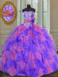 Fancy Multi-color Ball Gowns Sweetheart Sleeveless Organza Floor Length Lace Up Beading and Appliques and Ruffles and Sa