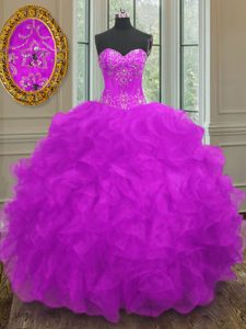 Top Selling Floor Length Purple 15th Birthday Dress Organza Sleeveless Beading and Embroidery and Ruffles