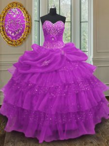 Purple Ball Gowns Halter Top Sleeveless Organza Floor Length Lace Up Beading and Ruffled Layers and Pick Ups Quince Ball