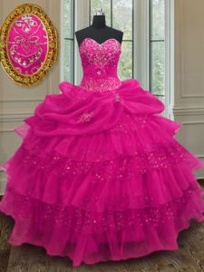 Customized Fuchsia Lace Up Sweetheart Beading and Ruffled Layers and Sequins and Pick Ups Sweet 16 Quinceanera Dress Org