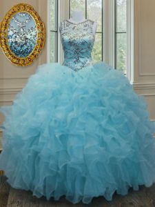Scoop Floor Length Ball Gowns Sleeveless Aqua Blue Quince Ball Gowns Lace Up