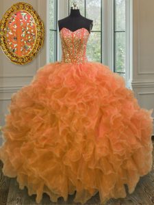 Beauteous Orange Sweetheart Neckline Beading and Ruffles Quinceanera Gowns Sleeveless Lace Up