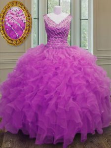 New Arrival Sleeveless Organza Floor Length Zipper Quince Ball Gowns in Fuchsia with Beading and Ruffles