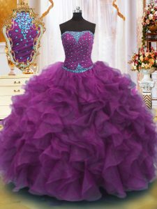 Pretty Strapless Sleeveless Lace Up Sweet 16 Quinceanera Dress Purple Organza