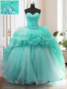 Glittering Turquoise Ball Gowns Sweetheart Sleeveless Organza With Train Sweep Train Lace Up Beading and Ruffles 15th Bi