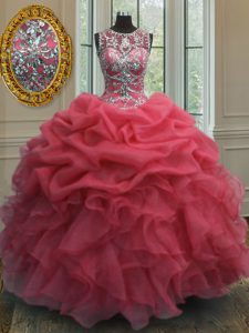 Pick Ups Ball Gowns Sweet 16 Dress Coral Red Scoop Organza Sleeveless Floor Length Lace Up