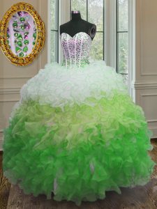 Glittering Multi-color Ball Gowns Beading and Ruffles and Sashes ribbons Sweet 16 Dresses Lace Up Organza Sleeveless Flo