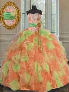 Chic Multi-color Organza Lace Up 15th Birthday Dress Sleeveless Floor Length Beading and Ruffles and Sashes ribbons