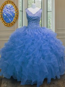 Hot Sale Ball Gowns Quinceanera Gowns Blue V-neck Organza Sleeveless Floor Length Zipper