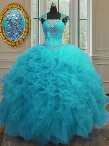 Straps Cap Sleeves Floor Length Beading and Ruffles and Sequins Lace Up Quinceanera Gown with Aqua Blue
