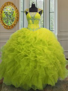 Straps Cap Sleeves Floor Length Lace Up 15 Quinceanera Dress Yellow Green for Military Ball and Sweet 16 and Quinceanera
