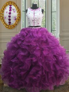Scoop Clasp Handle Fuchsia Sleeveless Appliques and Ruffles Floor Length Quinceanera Dress