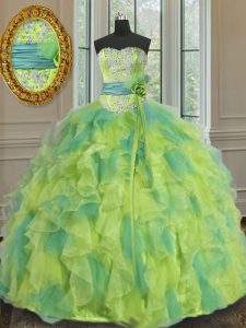 Charming Multi-color Sleeveless Beading and Appliques and Ruffles and Sashes ribbons and Hand Made Flower Floor Length S