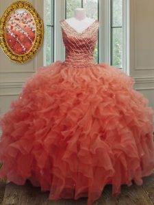 Floor Length Ball Gowns Sleeveless Orange Red 15 Quinceanera Dress Zipper