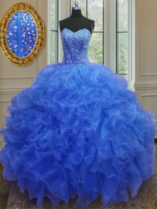 Delicate Floor Length Lace Up Sweet 16 Dresses Blue for Military Ball and Sweet 16 and Quinceanera with Beading and Ruff