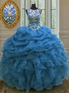 Blue Scoop Neckline Beading and Ruffles and Pick Ups Quinceanera Gown Sleeveless Lace Up