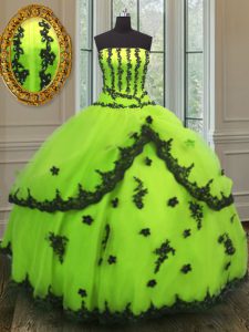 Sleeveless Floor Length Appliques Lace Up 15 Quinceanera Dress with Yellow Green