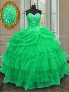 Traditional Halter Top Floor Length Green Ball Gown Prom Dress Organza Sleeveless Beading and Ruffled Layers and Pick Up