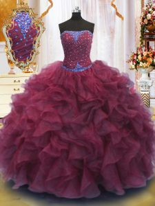 Fine Burgundy Strapless Lace Up Beading and Ruffles Vestidos de Quinceanera Sleeveless