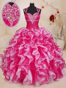 White And Red Organza Lace Up Sweetheart Sleeveless Floor Length Vestidos de Quinceanera Beading and Ruffles