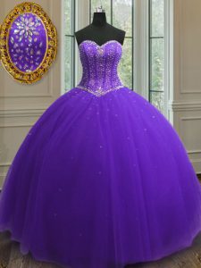 Elegant Purple Lace Up Sweet 16 Dress Beading and Sequins Sleeveless Floor Length