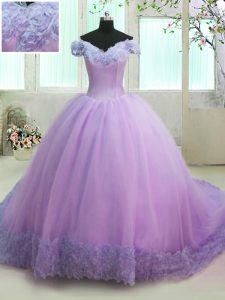 Custom Design Off the Shoulder Lilac Organza Lace Up 15th Birthday Dress Short Sleeves With Train Court Train Hand Made 