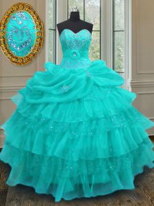Aqua Blue Lace Up Sweet 16 Dress Beading and Ruffled Layers and Pick Ups Sleeveless Floor Length