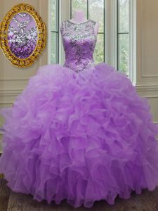 Scoop Lilac Sleeveless Beading and Ruffles Floor Length Quinceanera Gowns