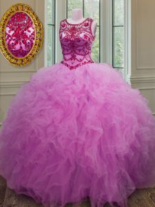 Decent Scoop Tulle Sleeveless Floor Length 15 Quinceanera Dress and Beading and Ruffles