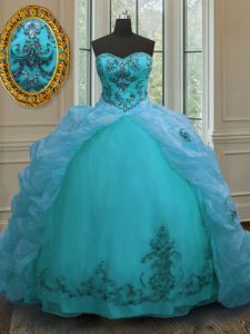 Aqua Blue Sweetheart Neckline Beading and Appliques and Pick Ups Sweet 16 Dress Sleeveless Lace Up