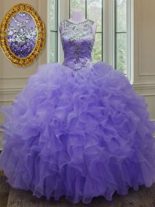 Customized Lavender Ball Gowns Scoop Sleeveless Organza Floor Length Lace Up Beading and Ruffles 15 Quinceanera Dress