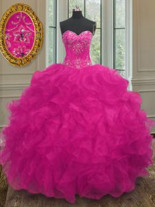 Pretty Fuchsia Sleeveless Beading and Embroidery Floor Length 15 Quinceanera Dress