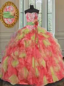 Multi-color Sleeveless Floor Length Beading and Ruffles and Sashes ribbons Lace Up 15 Quinceanera Dress