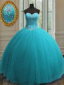 Shining Beading Quinceanera Gown Aqua Blue Lace Up Sleeveless Floor Length