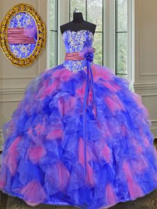 Multi-color Ball Gowns Sweetheart Sleeveless Organza Floor Length Lace Up Beading and Appliques and Ruffles and Sashes r