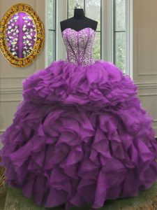 Purple Lace Up Sweetheart Beading and Ruffles Quinceanera Dress Organza Sleeveless