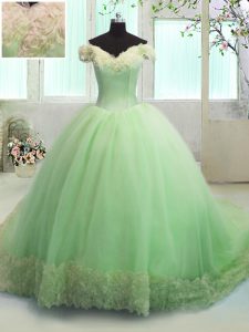 Off the Shoulder Hand Made Flower Sweet 16 Quinceanera Dress Apple Green Lace Up Short Sleeves With Train Court Train