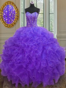On Sale Organza Sweetheart Sleeveless Lace Up Beading and Ruffles Quince Ball Gowns in Purple