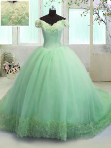 Lovely Ball Gowns Organza Off The Shoulder Short Sleeves Hand Made Flower With Train Lace Up Sweet 16 Dress Court Train