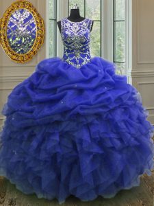 Great Royal Blue Ball Gowns Scoop Sleeveless Organza Floor Length Lace Up Beading and Ruffles and Pick Ups Sweet 16 Dres