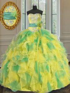 Halter Top Multi-color Lace Up Vestidos de Quinceanera Beading and Appliques and Ruffles and Sashes ribbons and Hand Mad