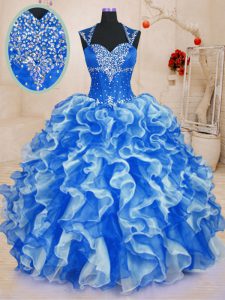 Sumptuous Beading and Ruffles 15th Birthday Dress Royal Blue Lace Up Sleeveless Floor Length