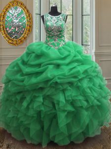 Eye-catching Scoop Organza Lace Up Vestidos de Quinceanera Sleeveless Floor Length Beading and Ruffles and Pick Ups