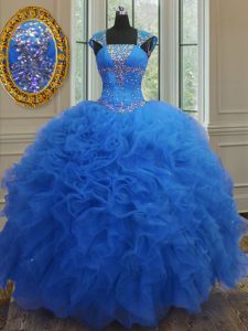 Royal Blue Lace Up Sweetheart Beading and Ruffles and Sequins Vestidos de Quinceanera Organza Cap Sleeves