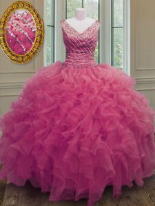 Pretty Beading and Ruffles Sweet 16 Quinceanera Dress Hot Pink Zipper Sleeveless Floor Length