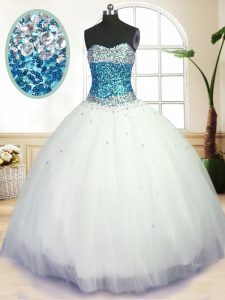 Sweetheart Sleeveless Tulle Quince Ball Gowns Beading Lace Up