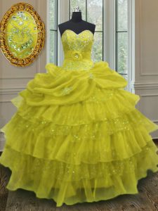 Decent Yellow Organza Lace Up Ball Gown Prom Dress Sleeveless Floor Length Beading and Ruffled Layers and Pick Ups