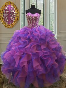 Organza Sweetheart Sleeveless Lace Up Beading and Ruffles Quinceanera Dress in Multi-color